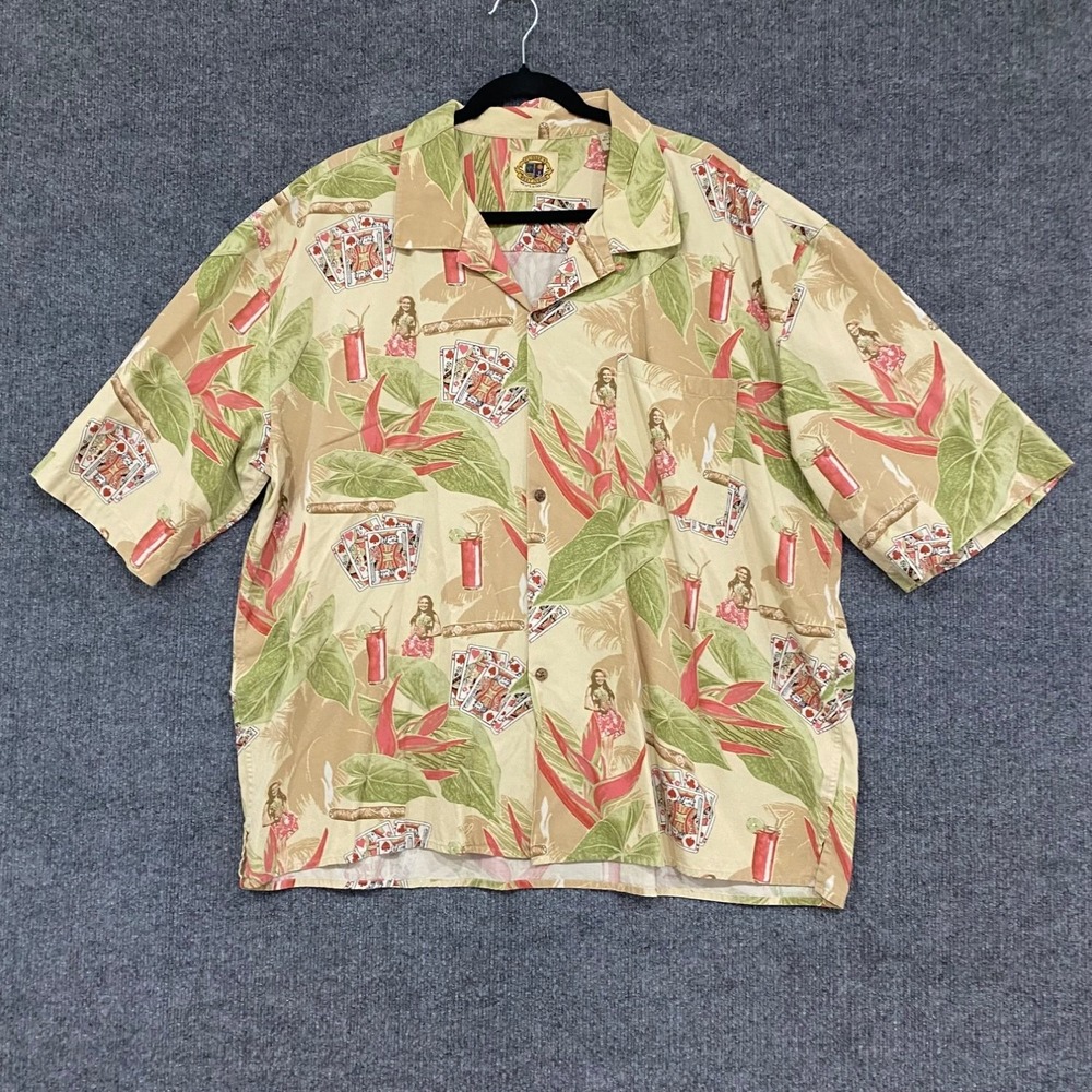 Pusser's West Indies Camp Hawaiian Shirt Mens XXL Beige Silk Cotton Casino Tiki